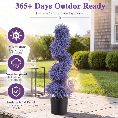 3ft Artificial Topiary Spiral Tree with Lavender Set of 2 - Outdoor Faux Bushes
