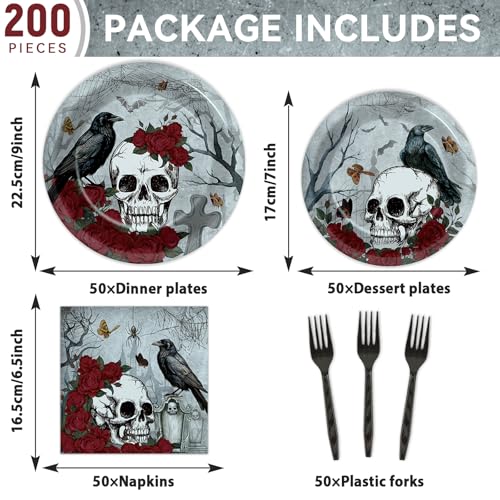 Halloween Gothic Skull Party Plates Napkins Set - Rose Crow Dinnerware for Skeleton Day of The Dead, 200pcs