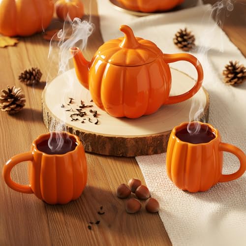 Pumpkin Ceramic Tea Set with Teapot and Mugs - Thanksgiving Halloween Gift