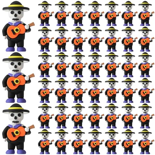 Day of the Dead Skeleton Figurines Set - 50 Mini Mariachi Skeleton Statues with Guitars - Halloween Decor