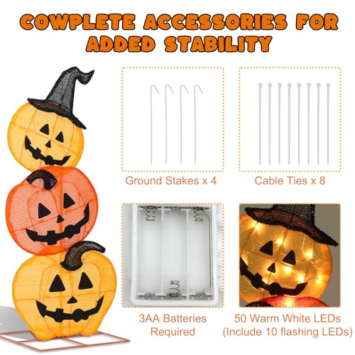 Lighted Halloween Stacked Pumpkins Decoration with 50 Warm White LEDs - Indoor & Outdoor Porch Yard Display - 39 Inches Tall - Variations of Stacked Pumpkins