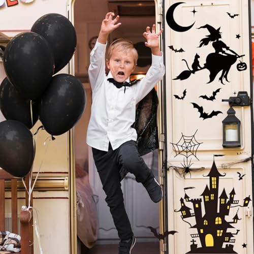 Halloween Door Stickers - Black Witch Castle Bat Wall Decals - 2 Sheets, 35.4 x 11.8 Inch - Party & Home Decoration - Black Witch Variation