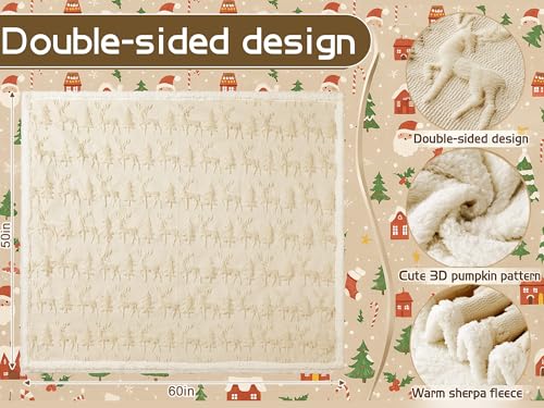 Remagr Beige Reindeer Christmas Sherpa Throw Blanket 50x60in - Double-Sided Plush Cozy Decor
