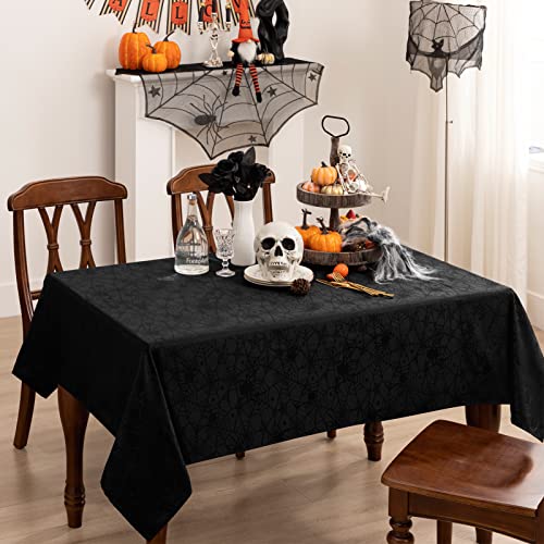 Halloween Tablecloth Black Spider Web Spillproof Fabric, Rectangular 60x84 Inch - Black / 84" x 60"