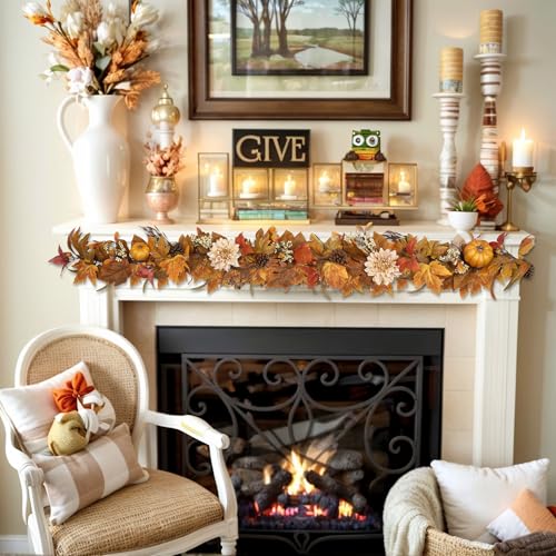 Fall Garland 6Ft Autumn Maples Leaves Pumpkins Berries Pine Cones Decor