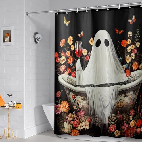 Halloween Shower Curtain - Ghost Design, 72 x 72 Inches, Rustic Bathroom Decor
