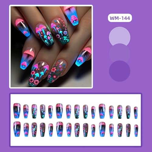 Mushrooms Press On Nails - Medium Flower False Nails Ballet Style Colorful Design