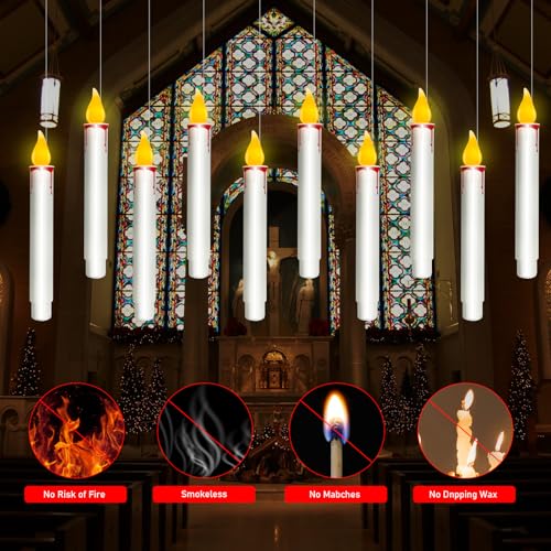 White Floating Candles with Remote - 10 Pack Flameless Hanging LED Taper Candles