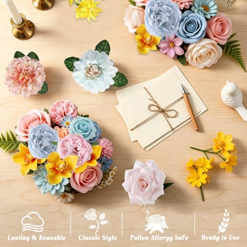 Artificial Flowers Combo - Pink, Blue, Yellow Silk Roses & Dahlias for DIY Bouquets & Decor