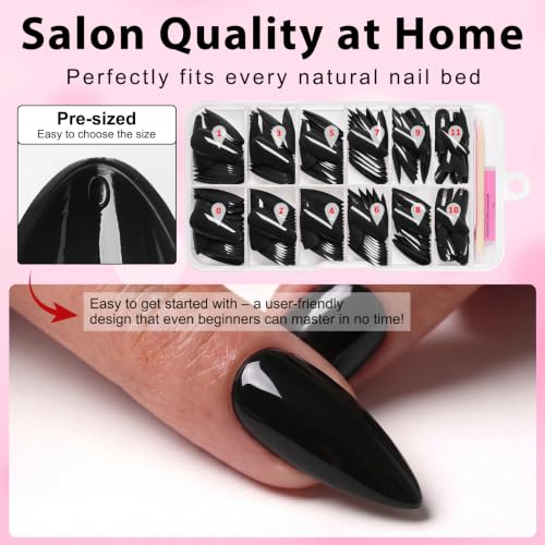 LuckForever Medium Almond Press On Nails - Black Fake Nails with Glue Tabs