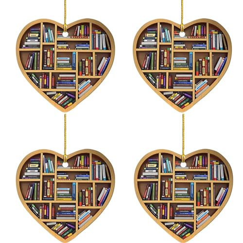 Set of 4 Book Lover Heart Acrylic Christmas & Halloween Ornaments - Literary Holiday Decorations