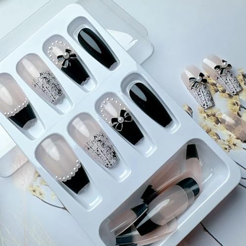 Colorful Medium Length Press-On Nails with Black Bow Pearl Design - Reusable Fake Nails, Coffin Shape, 24 Pack
