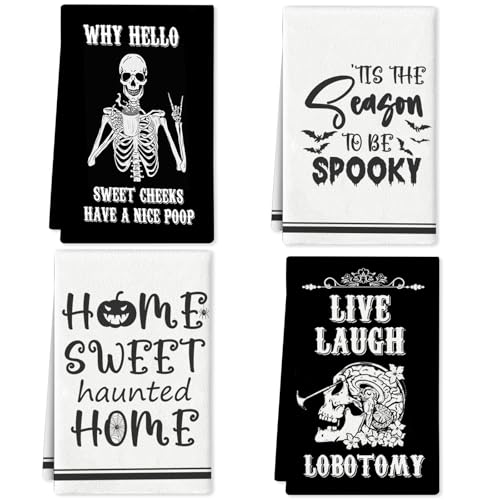 Halloween Kitchen Towels Set - Black and White Gothic Hand Towels - 4 Pack