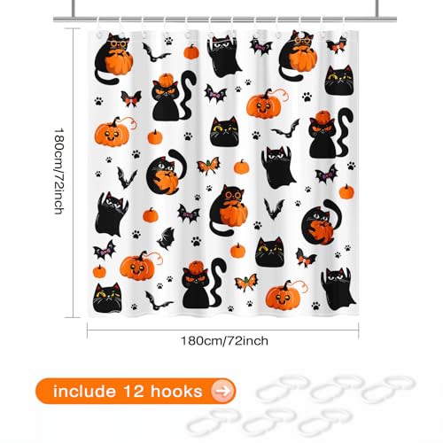 Halloween Shower Curtain Black Cat Pumpkin Ghost Waterproof Fabric 72x72 Inch
