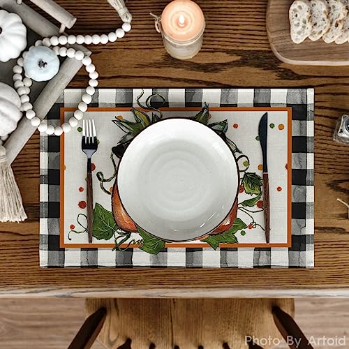 Pumpkin Buffalo Plaid Fall Placemats Set of 4 - 12 x 18 Inch Rectangular Black and Orange