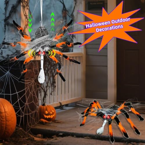 Halloween Animatronic Giant Hanging Spider with Egg Sac - 44 Inch, Orange & Black, Lights & Sounds