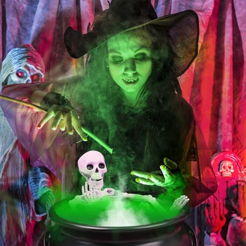 Large Green Halloween Witches Cauldron Diffuser with Skeleton & LED Fog Lights