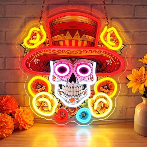 Red Day of the Dead Skull Neon Sign LED Wall Decor USB Dimmable