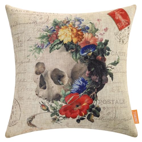 Red Flower Skull Decorative Pillow Cover 18x18 Inch Halloween Couch Throw Pillow