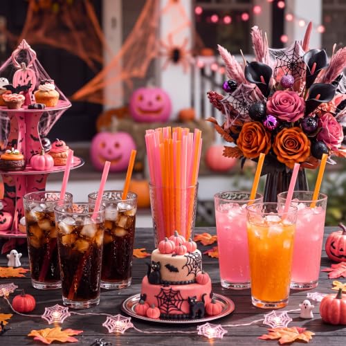Potchen 100 Pcs Halloween Pumpkin-Shaped Plastic Straws - Pink & Orange, 8.6 Inch