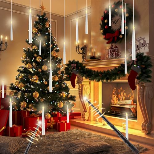 Floating Flameless Candles with Remote Wand Set - Halloween & Holiday Decor, White, 12 Pcs