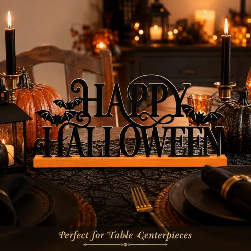 Halloween Wood Sign with Bat Cutouts - Spooky Holiday Decor