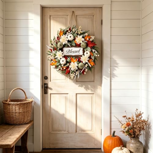 Idyllic 24-Inch Fall Wreath with Pumpkins Dahlias and Decorative Sign for Front Door