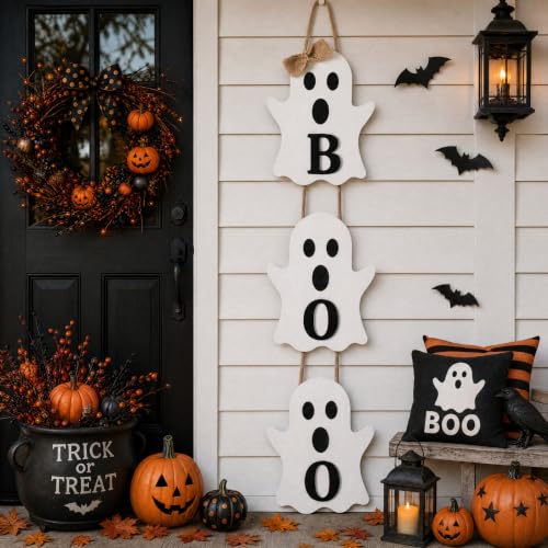 Vicenpal Halloween Boo Ghost Wooden Door Hanger Sign - Classic Variation