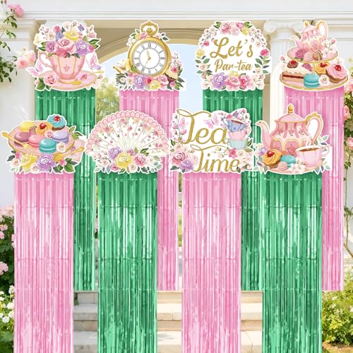 Tea Party Pink Green Hanging Decorations Set - 8 Pieces for Celebrations