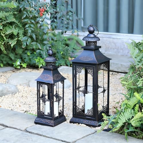 Outdoor & Indoor LED Lanterns with Flameless Candles - 23'' & 15'' Black Metal Decor, Timer Function