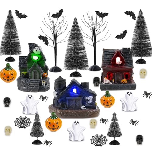 Halloween Village Set with Miniature Houses, Pumpkins & Spiders - 51PCS