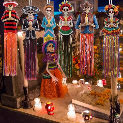 Day of the Dead Hanging Sugar Skull Decorations - Candle Style, 6 Pieces, 3 Ft