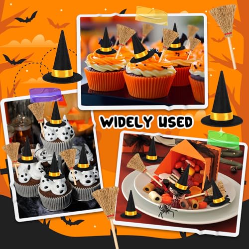 16Pcs Mini Witch Hat Set with Small Brooms for Halloween Party Crafts