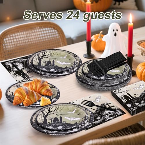 Halloween Tableware Set with Plates Napkins Forks Crow Style for 24 Guests