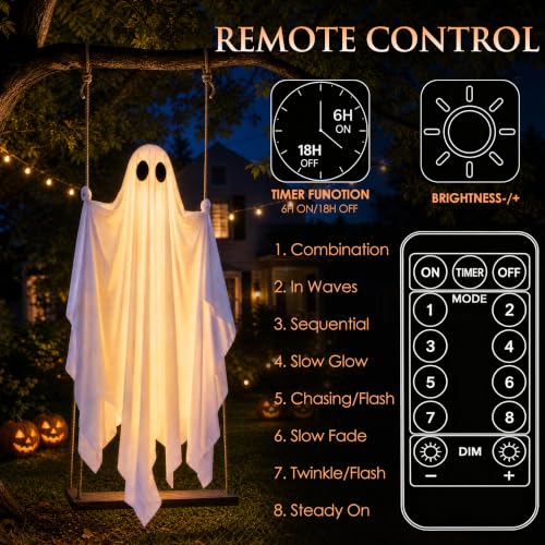 Large Hanging Ghost Halloween Decoration with LED Lights, Adjustable 7-12 FT