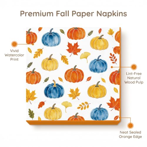 Fall Paper Napkins 13x13 Inches - Pumpkin Maple Leaf Party Set - 50 Pcs