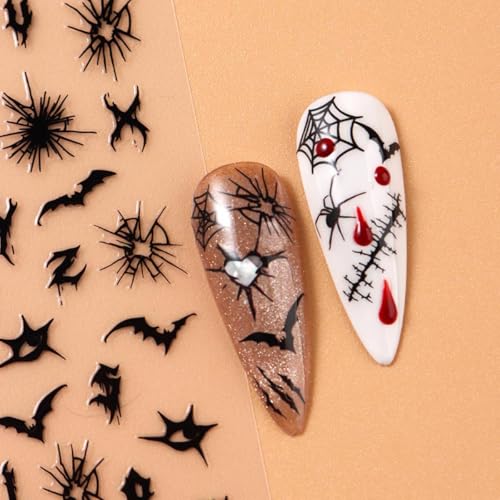 Halloween Nail Art Stickers Self-Adhesive Spider Web Bat Decals for Manicure - 6 Sheets with Horror Gothic Designs