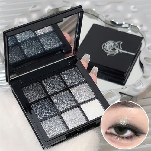 9 Colors Glitter Eyeshadow Palette - Black Silver Grey Smokey Eye Makeup - Variation #Black Silver