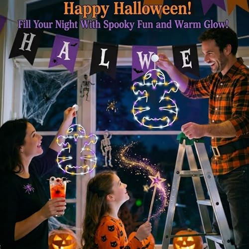 Halloween Ghost Window Lights Set - Orange, White & Purple Lights with Timer & Suction Cups - Spooky Decor for Home & Party