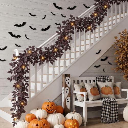 Fall Plum Garland with Lights - 6Ft Autumn Decor for Mantle & Home