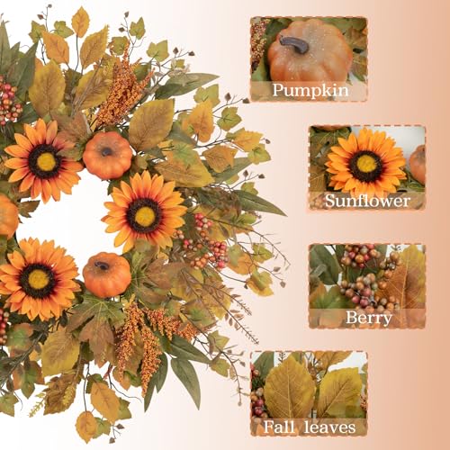 Fall Eucalyptus Wreath with Pumpkin Sunflowers & Leaves - 24 Inch Orange