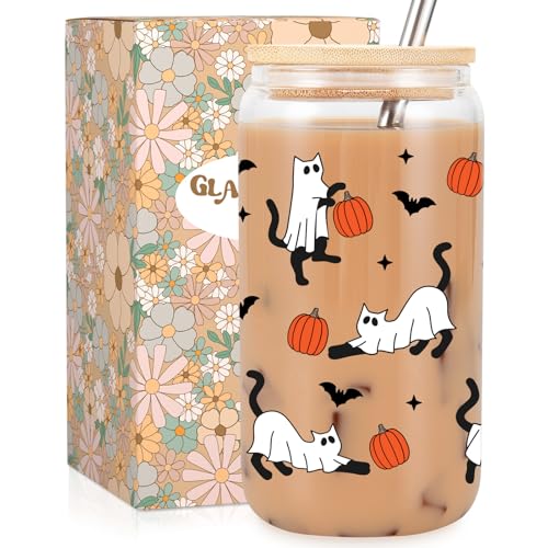 Halloween Ghost Cat Iced Coffee Cup with Lid & Straw - 16oz Spooky Party Mug