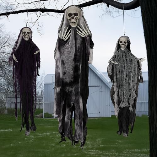 Halloween Decorations 3 Pack Hanging Skeleton Ghosts - Grim Reaper Props with Adjustable Arms