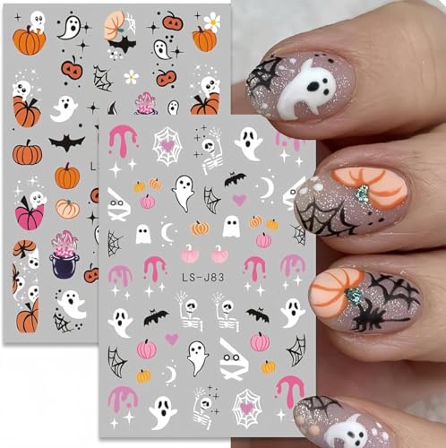 Halloween Nail Stickers Set - Pumpkin Ghost Bat Skull 3D Self-Adhesive Nail Art Decals - Style C