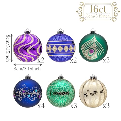 16 Pack Christmas Tree Ornaments Set - 3.15 Inch Shatterproof Holiday Decorations