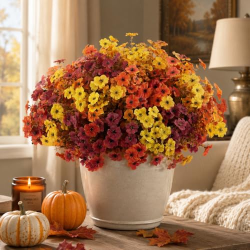 Artificial Fall Flowers Set - 12 Lifelike Daisies & Eucalyptus for Outdoor Porch Decor - Orange Brown Yellow Variation