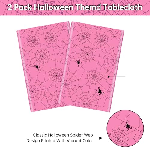 Pink Halloween Spider Web Tablecloths - 2 Pack, 108x54 Inch Disposable Plastic Decor