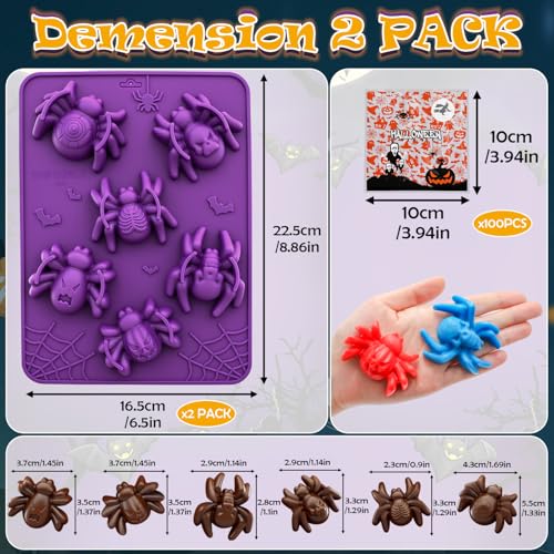 Spider Silicone Mold 8.9 x 6.54 Inches - Halloween Spider Shape Chocolate & Jelly Mold - 2 Pack