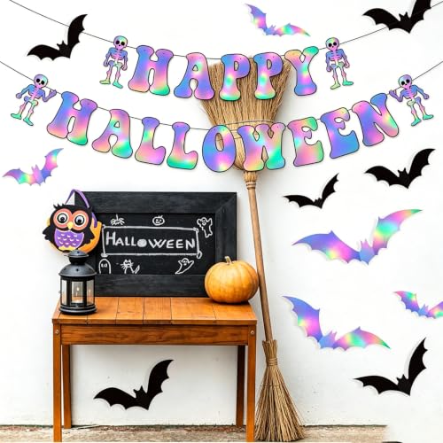 Halloween Party Banner and 3D Bat Decorations - Iridescent & Holographic Set