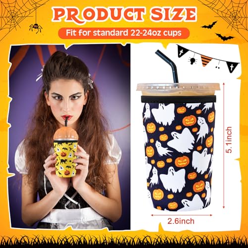 Halloween Reusable Cup Sleeves for 22-24oz Drinks - 16 Pack with Pumpkin, Spider, Ghost Designs